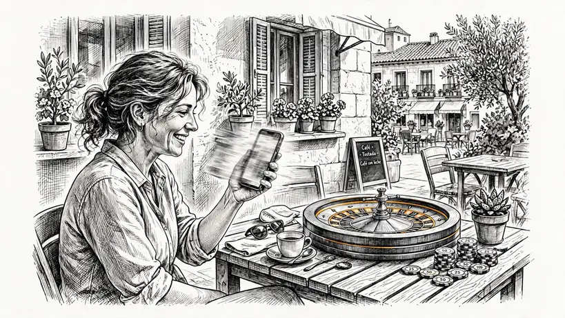 Mujer feliz en terraza ruleta y fichas de casino