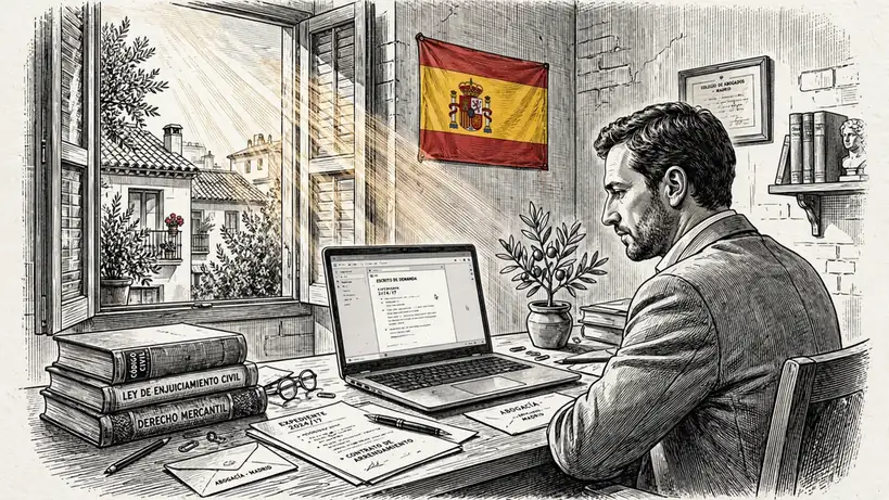 Abogado en oficina española libros legales y bandera.