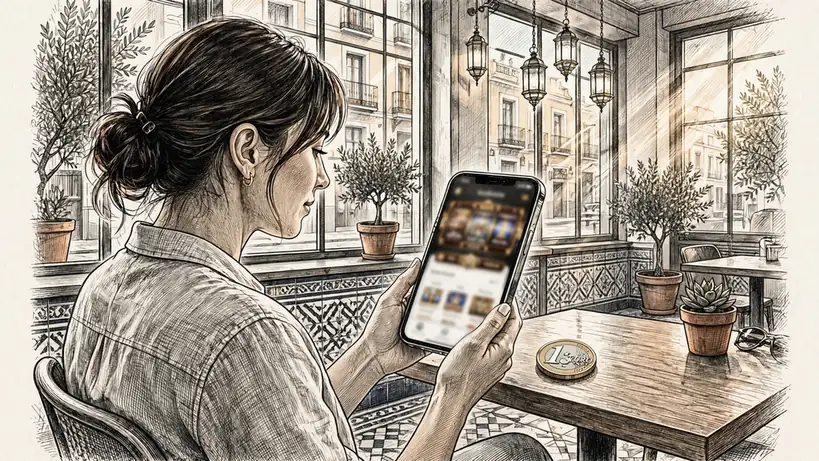 Mujer joven en café de Madrid un euro y su móvil