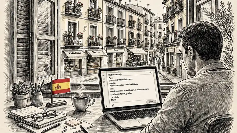 Oficina española, escritorio laptop y taza de café