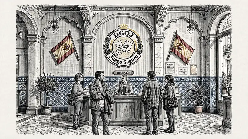Lobby de casino español sello DGOJ y banderas españolas