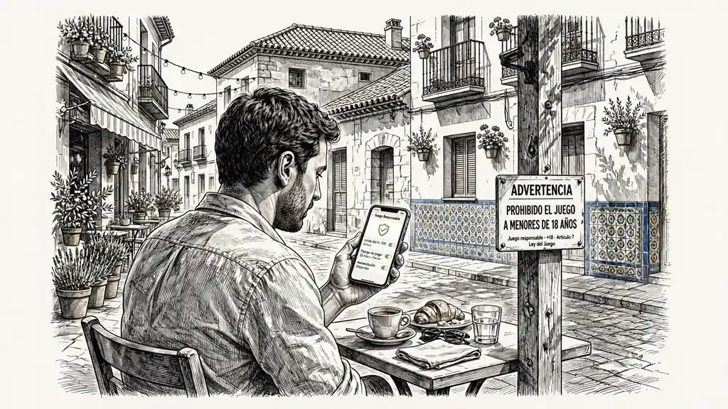 Persona en una terraza española mirando una app de responsable bajo luz cálida.