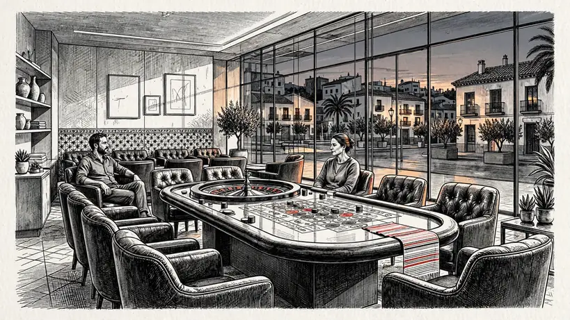 Lujoso interior de casino español luz cálida y decoración de la bandera.