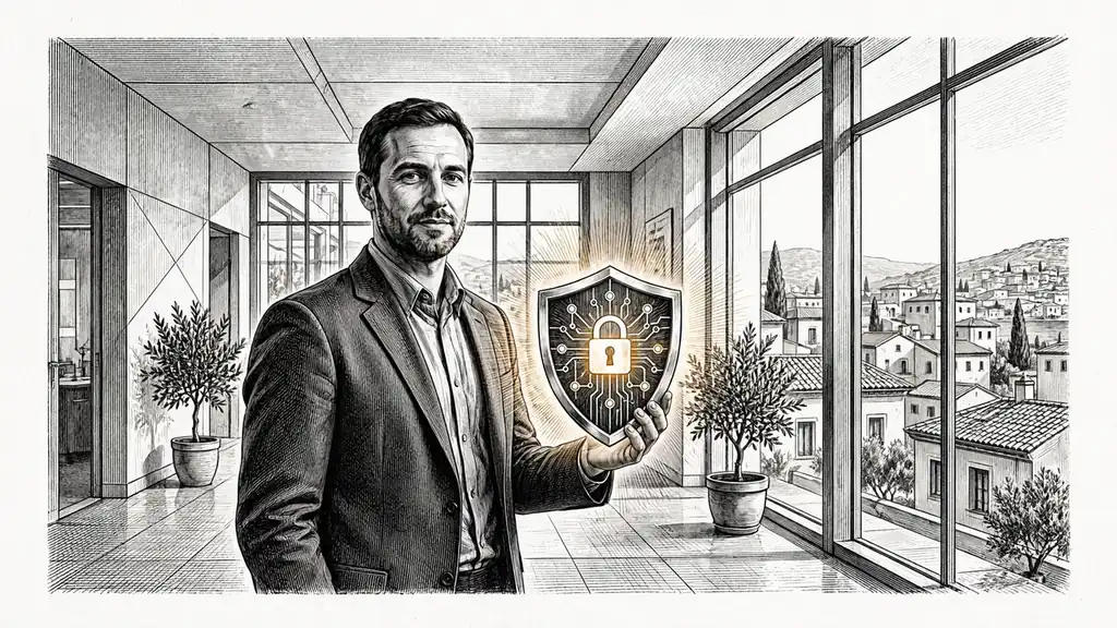 Profesional español escudo de datos en oficina iluminada