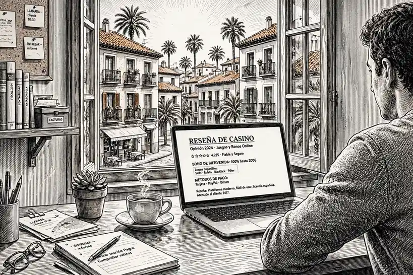Oficina moderna en España vista a la calle histórica y luz cálida