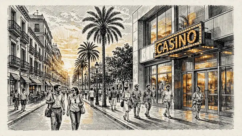 Casino moderno en una calle española al atardecer